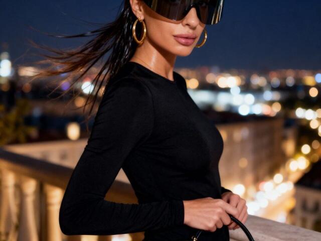 Photograph of ElzaKomx with dark sunglasses, black long-sleeve top, and large gold hoop earrings, standing against a blurred cityscape with bokeh lights at night. Wind blows through her hair. Fucking sexy.
