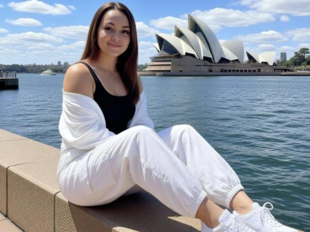 LoraHazel, una morena atractiva con el pelo largo, está sentada en un borde de hormigón junto al agua, vistiendo una camiseta negra y pantalones blancos. Pantalones con una chaqueta blanca holgada, zapatillas blancas. Casa de la Ópera de Sídney al fondo. Luz solar brillante..