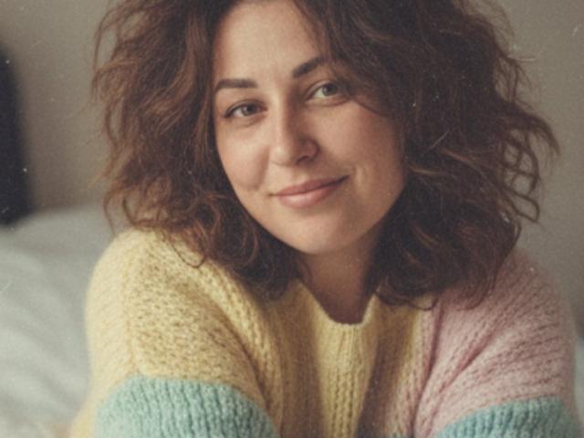 Fotografia di JannaCurvy, una donna formosa con capelli castano ondulati, che indossa un maglione a righe pastello e sorride dolcemente. fotocamera.
la luce naturale esalta il suo viso rilassato e attraente. Un'atmosfera casual e intima..