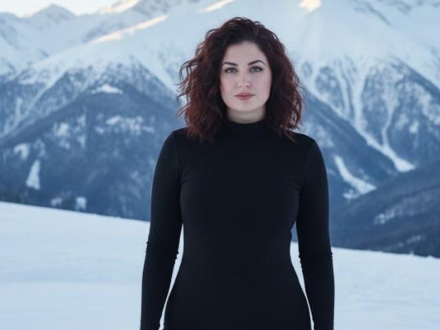 Fotografie von Janna, mit welligem, dunkelbraunem Haar, die ein eng anliegendes, schwarzes Langarmkleid trägt und vor schneebedeckte Berge. Ihr Gesichtsausdruck ist neutral, aber es ist eine spürbare sexuelle Spannung erkennbar. Schneebedeckter Hintergrund..