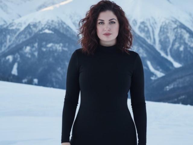 Fotografie von Janna, mit welligem, dunkelbraunem Haar, die ein eng anliegendes, schwarzes Langarmshirt trägt und vor einem verschneiten Hintergrund steht. Berglandschaft. Kalt, verführerisch, winterliche Szenerie, intensiver Blick.