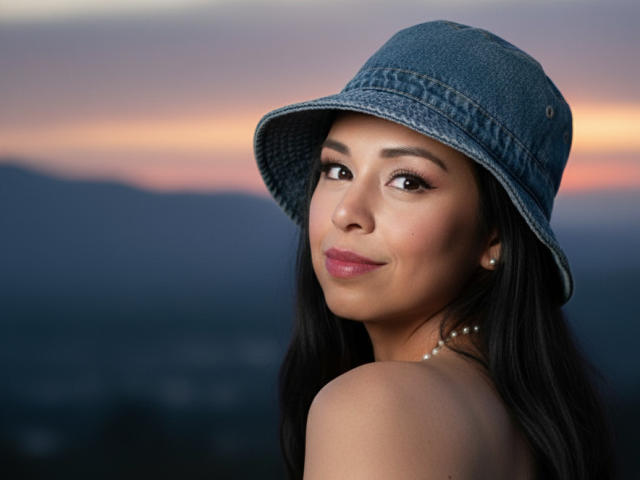 Aliicia Smith lleva un sombrero tipo cubo de mezclilla y mira por encima del hombro con una ligera sonrisa. Su cabello oscuro cae sobre sus hombros desnudos. El atardecer se ve en el fondo, con tonos naranja y morado..