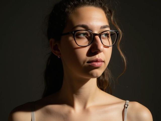 Sanella tiene la piel clara, el cabello castaño oscuro recogido en una coleta, y usa gafas con montura negra. Está mirando hacia un lado con una ligera sonrisa, iluminada desde el frente sobre un fondo oscuro..