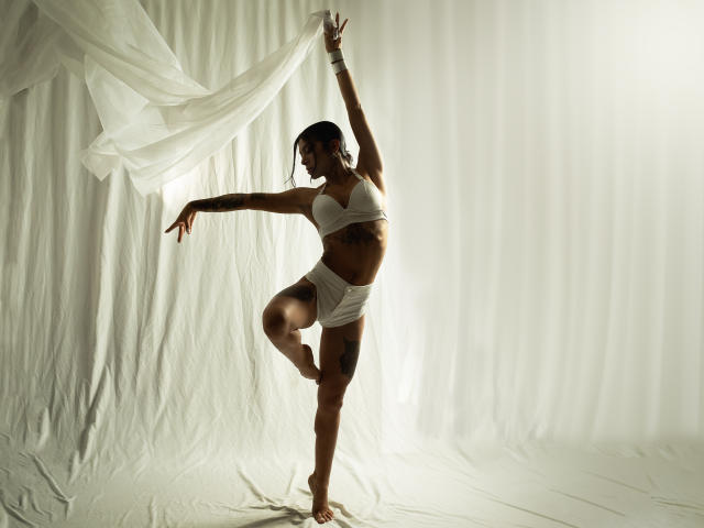 Silhouette of AlessiaFletcher dancing, arms raised, one leg bent, wearing white lingerie, holding a sheer white fabric. Bright light behind, creating strong contrast. Sensual, confident pose, intense lighting.