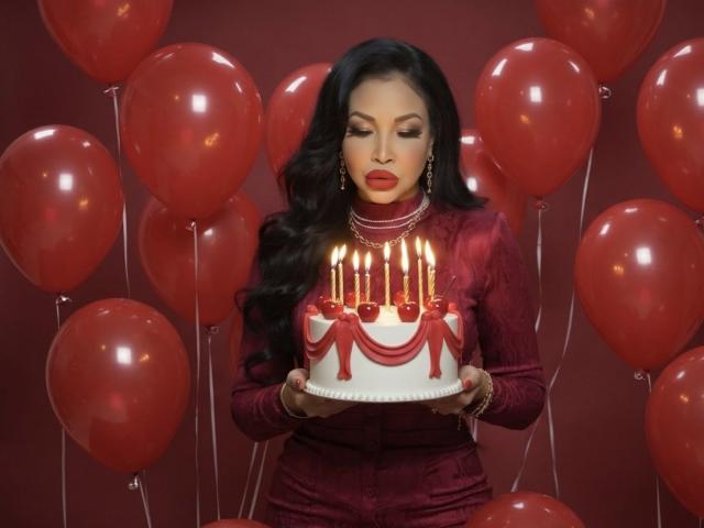 Foto van Angelina Deleon die een witte taart vasthoudt met zeven brandende kaarsen, omringd door rode ballonnen. Ze draagt een donkerrode jurk, rode lippenstift en sieraden, en kijkt naar beneden naar de taart..