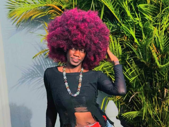 ElnaLethabo, con un'enorme afro rosa, una maglia nera a maniche lunghe, una collana, una cintura rossa, in piedi di fronte a foglie di palma verdi, con una mano. nei capelli, espressione sensuale, luce solare intensa, colori vivaci, atmosfera seducente..
