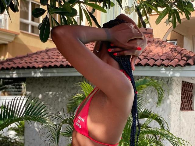 ElnaLethabo, peau bronzée, longues tresses noires, haut de maillot de bain rouge, bras levés, main couvrant le visage, plantes à feuilles, tuiles rouges. toit, jeu d'ombres et de lumière, lumière du soleil, cadre tropical, séduisant, pose confiante.