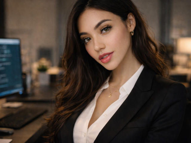 Sofie White, com longos cabelos castanho-escuros, vestindo um blazer preto e uma camisa branca, ligeiramente aberta no peito, olhando... Diretamente para a câmera, com um sorriso sedutor. Fundo de escritório desfocado.