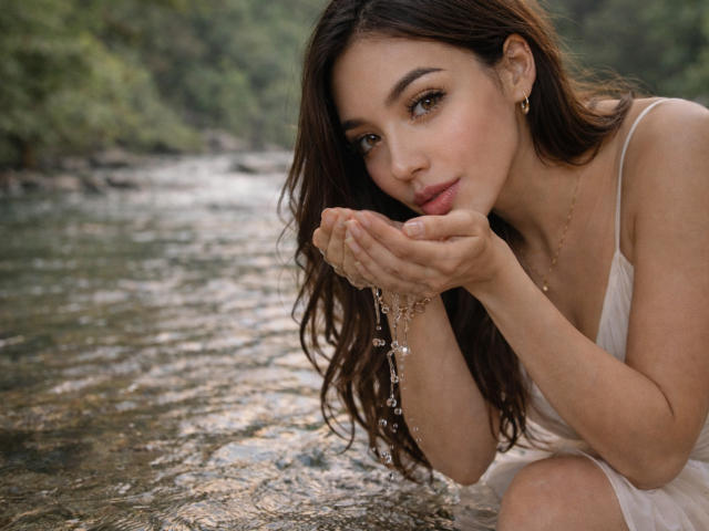 Sofie White se agacha junto a un río que fluye, sosteniendo agua en sus manos. Ella lleva un vestido blanco y mira a la cámara de forma seductora. Su cabello oscuro cae sobre sus hombros. Absolutamente preciosa..