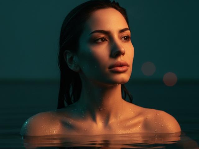 Fotorealistische CGI-Darstellung von Valnes mit nassen, dunklen Haaren, glänzender Haut und sinnlichem Ausdruck, die aus dunklem Wasser auftaucht. Das warme Licht betont Valnes Gesicht und Schultern und erzeugt eine intensive, sinnliche Spannung..