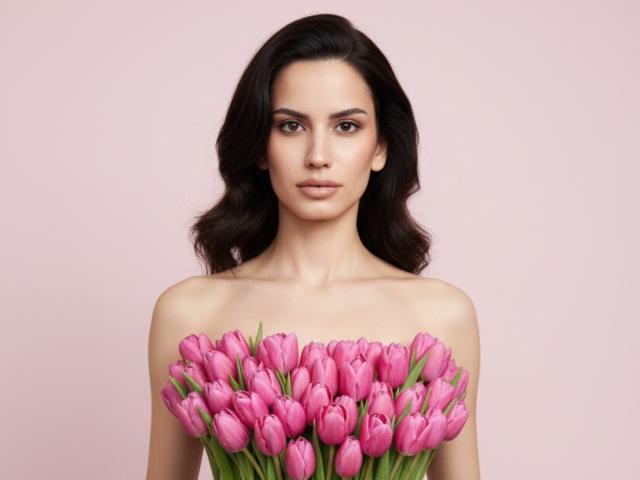 Digitale Kunst von Valnes mit dunklen, gewellten Haaren, nackt bis auf einen Strauß rosa Tulpen, der ihre Brust bedeckt. Weißer Hintergrund, ernster Gesichtsausdruck, minimale Schatten, lebendige Farben. Verdammt heiß..