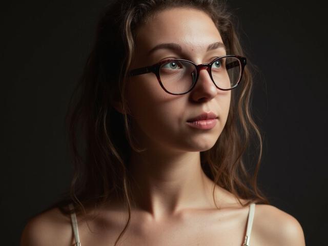 Sanella heeft een lichtbruine huid, groene ogen en lang donker haar. Ze draagt een bril met zwarte randen en een witte top met spaghettibandjes. Donkere achtergrond. Lichte accenten benadrukken haar jukbeenderen. Verdomd sexy..