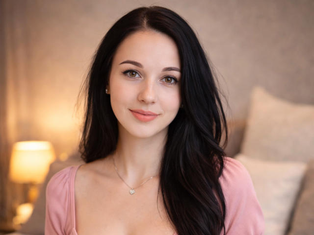 Close-up van AmeliKris, een vrouw met een bleke huid en lang zwart haar, die een roze top draagt, zachtjes lacht, bruine ogen, klein van stuk. Hartvormige ketting, zachte achtergrond met warme belichting, lichte seksuele spanning..