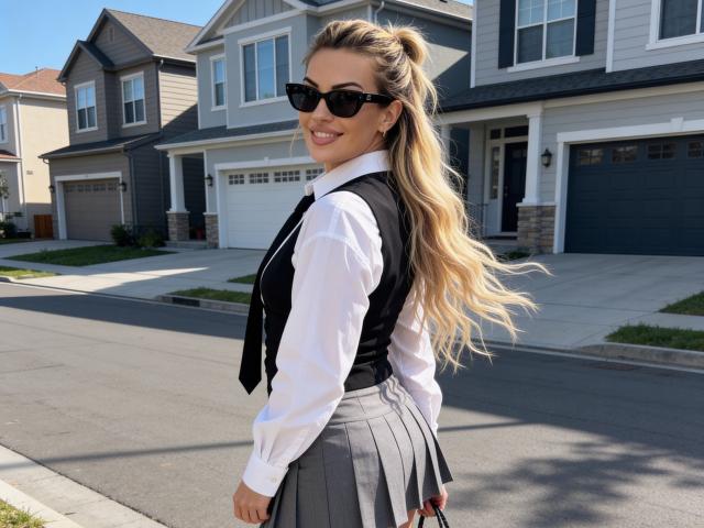 ZoeyMarie, with long blonde hair in a ponytail, wearing black sunglasses, white shirt, black vest, and gray pleated skirt, stands on a suburban street with modern houses. Fucking hot, cock-ready.
