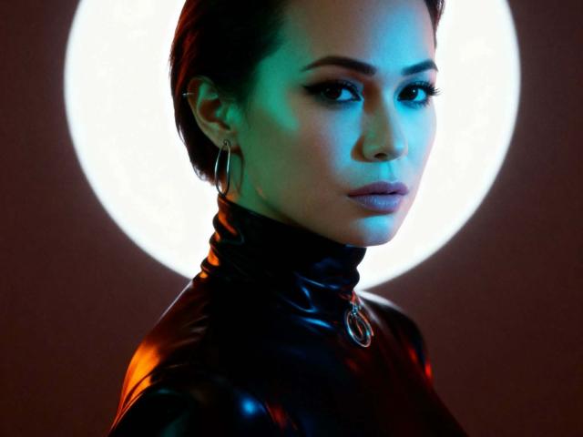 Close-up photo of SpermeMangerTS, wearing a black latex turtleneck, illuminated by a bright circular light source. Blue and red lighting highlights their serious expression and hoop earrings. Sexual tension evident.
