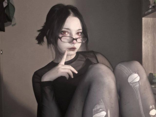 ShayHedglin está sentada con las rodillas levantadas, un dedo en los labios, vistiendo una blusa negra transparente y medias rasgadas, gafas, y cabello oscuro y despeinado. Luz suave, fondo sombrío, pose sugestiva, mirada intensa, sonrisa sutil..