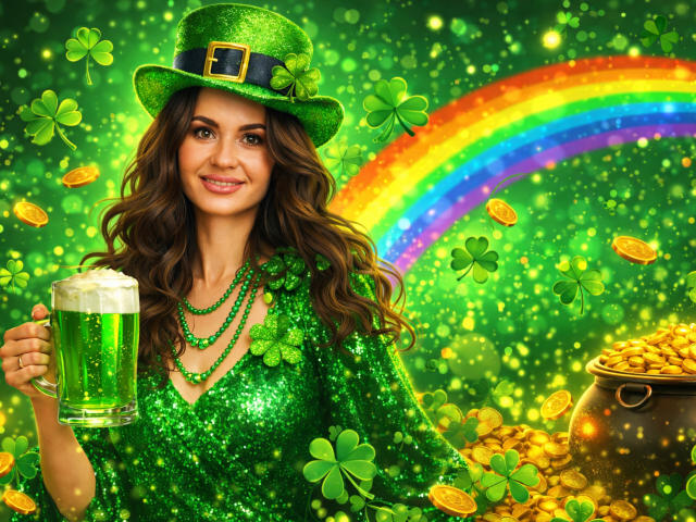 KaraCriegs with long wavy brown hair, green sequined outfit, and matching hat, holding a frothy green beer mug, against a background of a rainbow, gold coins, and clovers.