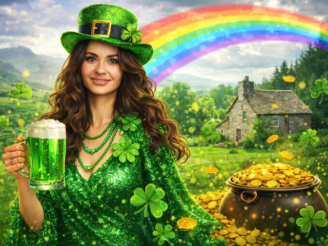 KaraCriegs with long brown hair, green glittery cloak, and top hat, holding a foamy green beer mug. Rainbow in background, treasure chest overflowing with gold coins. Vibrant, festive scene.