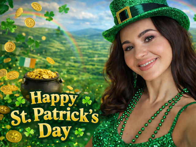 KaraCriegs, incroyablement sexy, porte un chapeau de lutin vert scintillant avec une boucle dorée, un collier de perles vertes, et sourit. l'appareil photo. Contexte : collines vertes floues, pièces d'or, arc-en-ciel. Texte : "Joyeux Saint-". La Saint-Patrick".