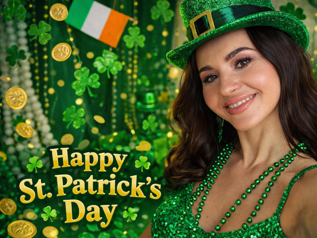 KaraCriegs, con cabello castaño oscuro y un vestido verde con lentejuelas, sonríe mientras lleva un elegante sombrero verde con lentejuelas. El fondo tiene luces verdes, monedas de oro y una bandera irlandesa. "¡Feliz Día de San Patricio!".