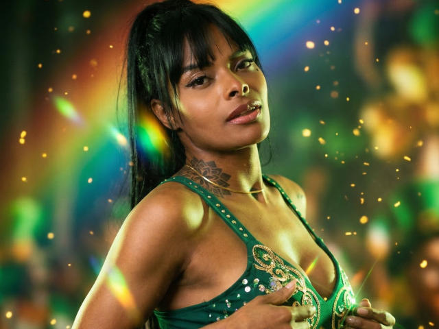 Photograph of EmmaEbony with dark skin and black hair, wearing a green, sparkly top, her hand on her chest, colorful bokeh lights in the background. She has a tattoo on her neck. Fucking sexy.
