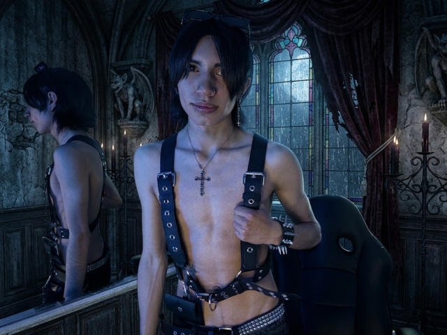 Aetternum stands shirtless in front of a mirror, wearing black leather harnesses and a cross necklace. Reflection shows side profile. Dark, gothic room with candles. Blue moonlight through window. Fucking intense.