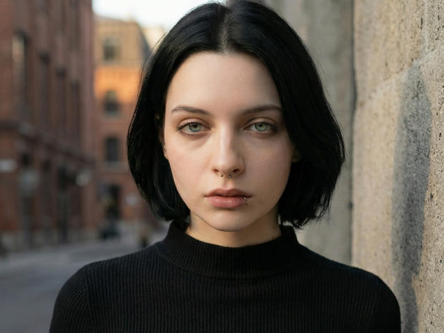 Photorealistic digital portrait of MelyndaMarron with pale skin, green eyes, and black bob haircut, wearing a black turtleneck, standing against a textured wall, urban background with blurred brick buildings.