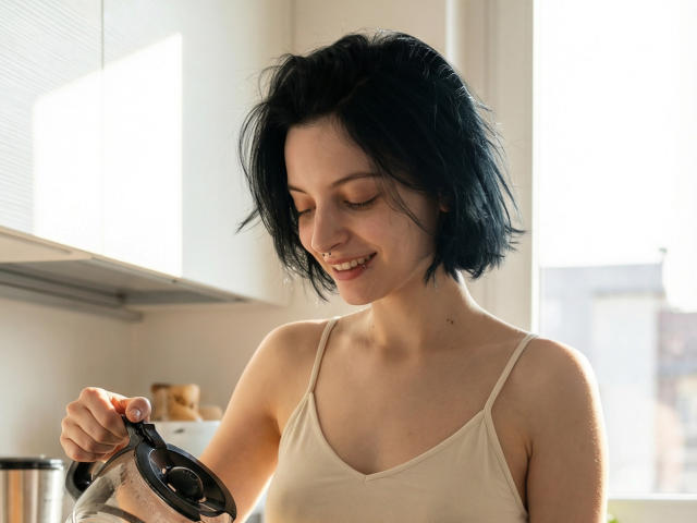 MelyndaMarron, con cabello negro corto, vestida con una camiseta blanca, sostiene un filtro de café y sonríe levemente. Fondo de cocina luminoso. Sus pequeños senos son visibles a través de una tela delgada. Casual, ligeramente erótico.