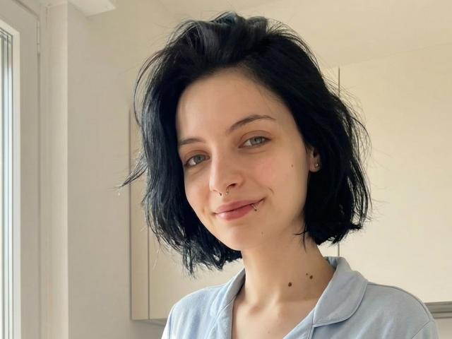 Fotografia di MelyndaMarron, una giovane donna con capelli neri corti e disordinati, pelle chiara e un piccolo piercing al naso. Lei sta sorridendo, indossa una camicia azzurra, e ha delle lentiggini e dei nei visibili. Molto carino..