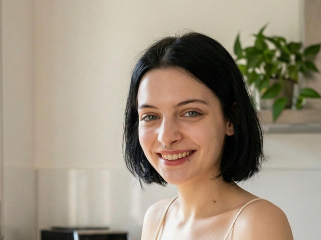Photograph of MelyndaMarron with pale skin and black bob haircut, smiling directly at the camera. She has small breasts and is wearing a beige tank top, with a potted plant in the background.