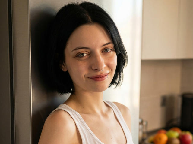 Photographie de MelyndaMarron avec des cheveux noirs courts, une peau claire et un piercing au nez, portant un débardeur blanc, debout. Contre une porte, avec une cuisine floue et des fruits en arrière-plan. Tellement mignon..