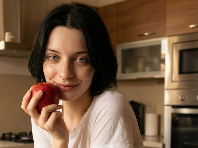 MelyndaMarron with shoulder-length black hair, holding a red apple near her face, wearing a white shirt, smiling subtly, kitchen background with wooden cabinets and stainless steel oven. Casual, sexy vibe.