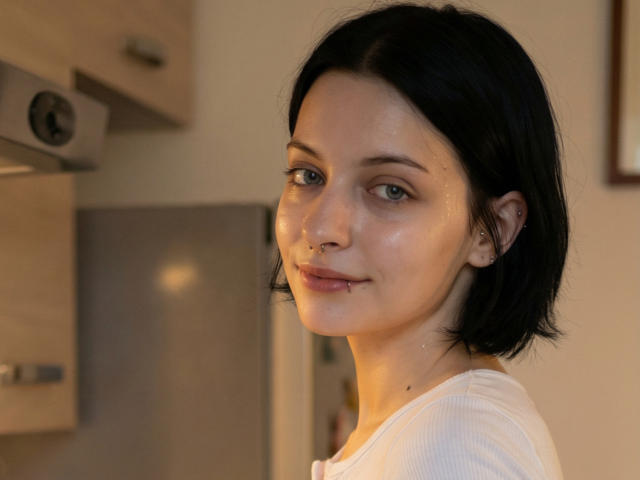 Close-up photo of MelyndaMarron, a young woman with short black hair, fair skin, and a slight smile. She wears a white top, glistening with sweat, looking directly at the camera. Her expression is sexy and confident.