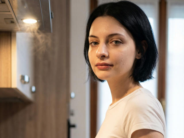 Fotografía de MelyndaMarron con cabello corto y negro, piel clara y una camiseta blanca. Ella está mirando hacia un lado con una ligera sonrisa, mostrando gotas de sudor en su rostro. El fondo incluye una puerta de madera..