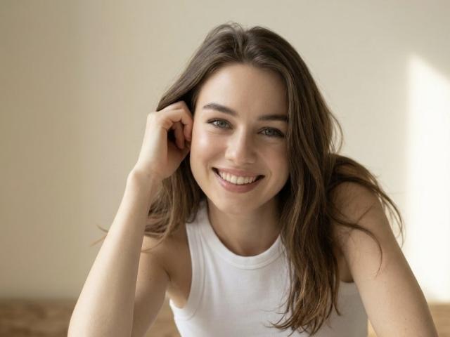 StellaNoir, una joven con el pelo largo y castaño, sonríe ampliamente, inclinándose hacia adelante con la mano tocándose la mejilla. Ella lleva una camiseta blanca, y la iluminación resalta su belleza natural..