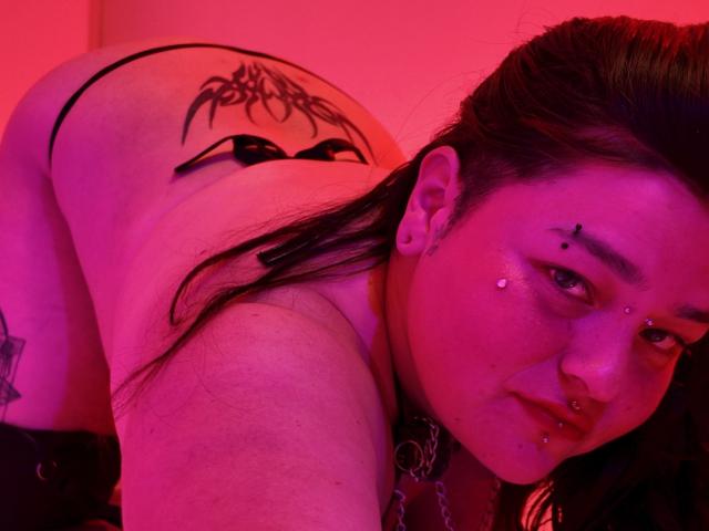 Nahaufnahme von MilaDallila, die auf allen Vieren kniet, in rosafarbenem und rotem Licht. Sie hat Tattoos auf dem Rücken und am Arm, trägt schwarze Dessous, Ketten und hat Piercings. Verdammt sexy Pose.