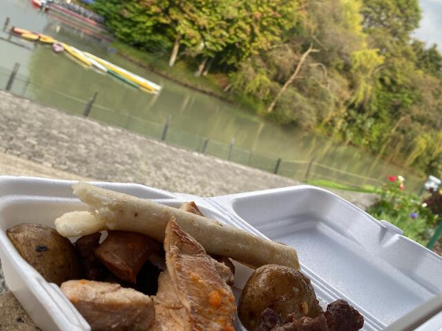 Primo piano di un contenitore di schiuma bianca con pezzi di carne fritta marrone e croccante. Lo sfondo include uno stagno sfocato con un kayak giallo e alberi verdi. L'attenzione è focalizzata sulla consistenza del cibo..