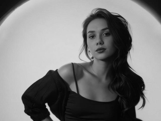 Black and white photograph of EileneTristan, with long, wavy hair, wearing a black off-shoulder top, gazing directly at the camera. Bright light behind creates a halo effect. Fucking sexy.