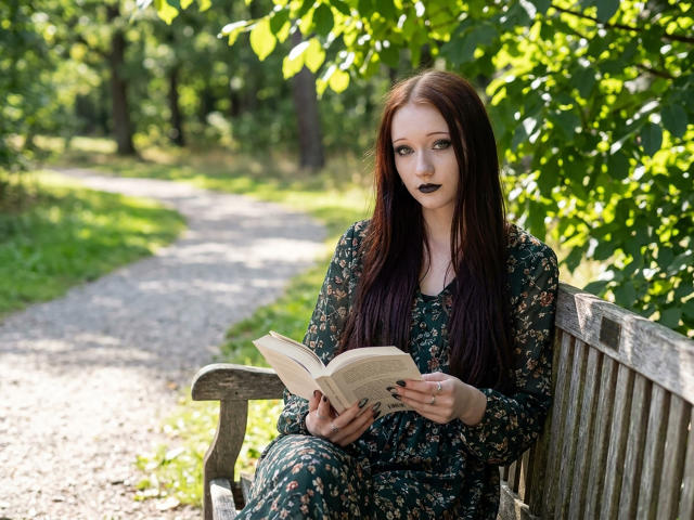 OliviaGilson with long, dark brown hair sits on a wooden bench, reading a book. She wears a dark floral dress, looking intense with black lipstick. Sunlit forest path behind.