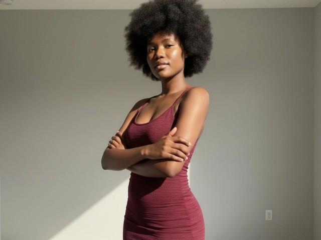 Fotografia di EbonySweet-hot, con la pelle scura e un'ampia acconciatura afro, in piedi con le braccia conserte, che indossa un abito rosso scuro aderente. sottolineando la sua figura formosa e la sua postura sicura. La luce soffusa del sole proietta un'ombra..