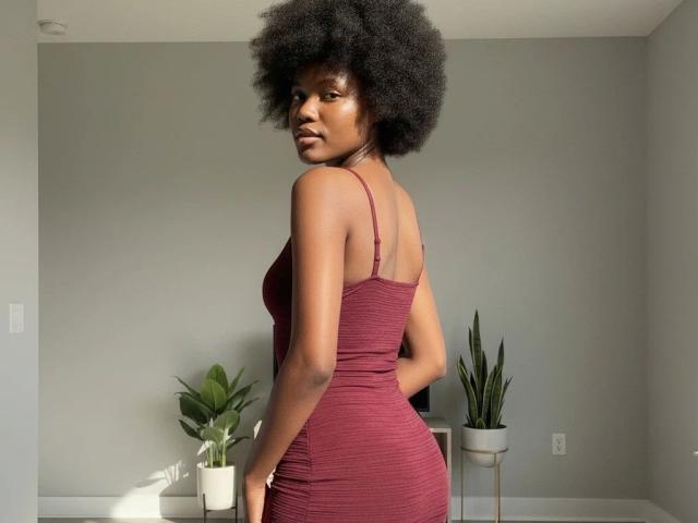 EbonySweet-hot staat met haar rug naar de camera, en kijkt over haar schouder. Ze heeft een volle krul, draagt een strakke, donkerrode jurk en heeft een slank, rond figuur. Planten in potten op de achtergrond.