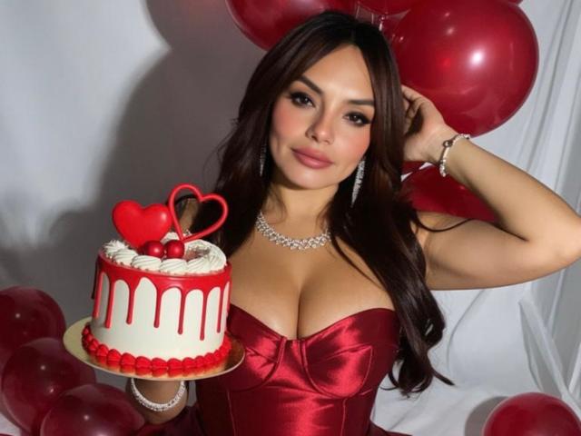 GalaMalkova, con lunghi capelli scuri, indossa un corpetto di seta rossa e tiene in mano una torta a forma di cuore bianca e rossa, decorata con un cuore rosso. In cima, circondato da palloncini rossi. Espressione seducente.