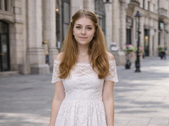 SoftlySabrina, een jonge vrouw met lang bruin haar, gekleed in een witte kantjurk met een open schouder, staat op een zonnige stedelijke locatie. straat, gebouwen op de achtergrond, zachte uitdrukking, lichte seksuele spanning.