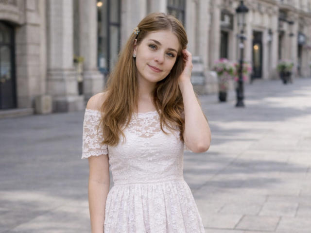 SoftlySabrina, with long brown hair, stands on a sunlit urban street, wearing a white lace off-shoulder dress. She touches her hair, smiling subtly. Background shows blurred buildings and potted plants.