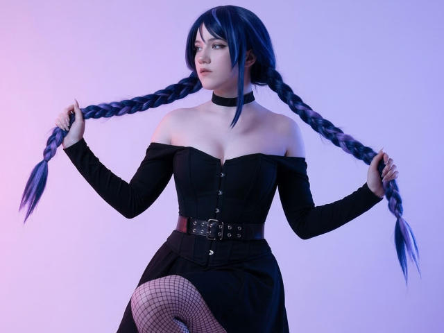 Obra de arte digital de KatlynRenteria con cabello trenzado negro, sosteniendo sus coletas. Ella lleva un vestido negro con un hombro descubierto, medias de rejilla y un collar, irradiando una intensa tensión sexual. La iluminación azul resalta su piel pálida..