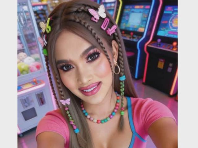 Close-up selfie van HornyCumTs met gevlochten haar, roze vlinderhaarspeldjes, een kleurrijke kralenketting, een roze top, felgekleurd make-up, met een glimlach en roze lippen. Arcadespellen op de achtergrond. Levendige, speelse sfeer..