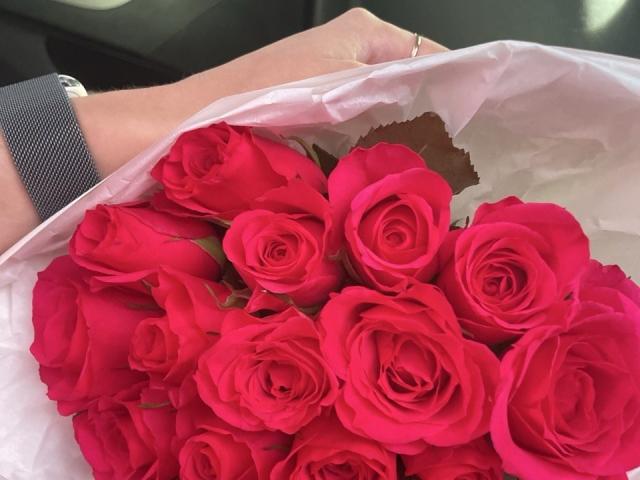 Close-up de uma mão segurando um buquê de rosas vermelhas vibrantes. A mão de Elionoria está parcialmente visível, vestindo uma camisa listrada. As rosas estão agrupadas de forma compacta, com pétalas ricas e exuberantes..