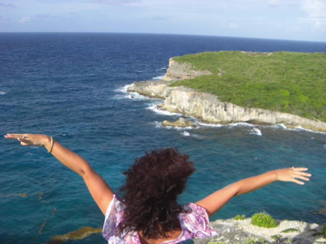 DeesseBleue, con cabello negro rizado, brazos extendidos, mirando hacia atrás, vestida con una camisa rosa estampada, está de pie en un acantilado. con vistas a un océano azul vibrante y una costa rocosa verde. Vista increíble..