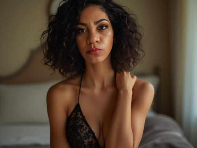 Foto van LeonoraSassy, een aantrekkelijke vrouw met krullend zwart haar, die een zwarte kanten bh draagt en recht in de camera kijkt. Met een serieuze uitdrukking, hand die haar nek aanraakt, zacht binnenlicht..