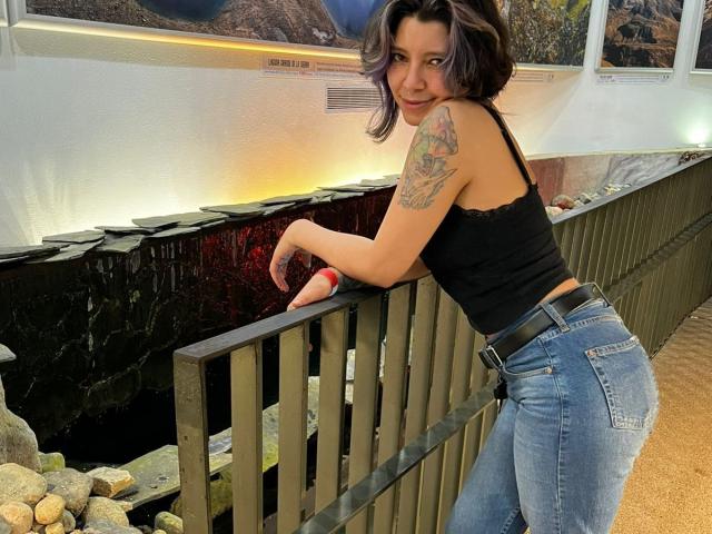 DarckVelvet with short black hair, tattoo on left shoulder, black tank top, tight blue jeans, leaning on wooden railing, looking back over shoulder, sexy pose, outdoor setting, rocks in background.